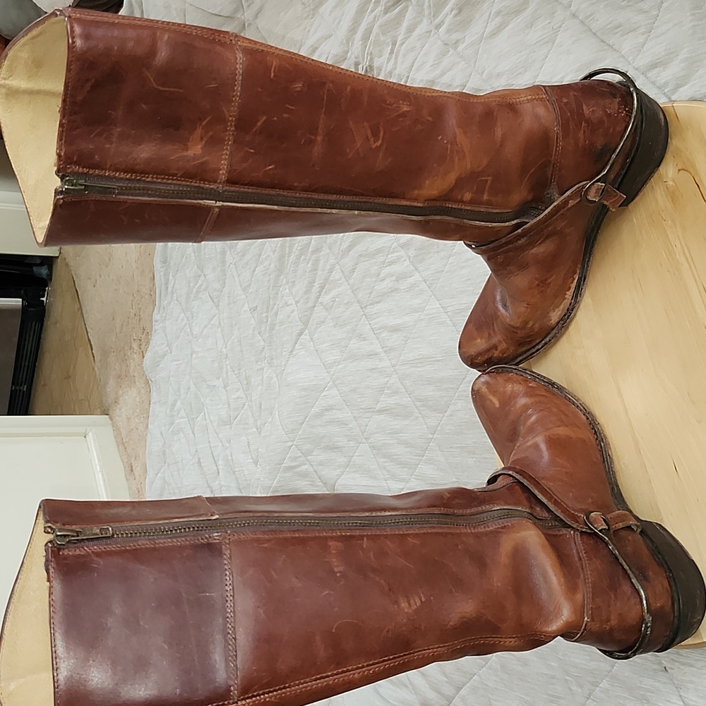 Frye Vintage Brown Leather Knee High Boots Side Zip Brass Harness Small Heel 8 - Picture 10 of 12